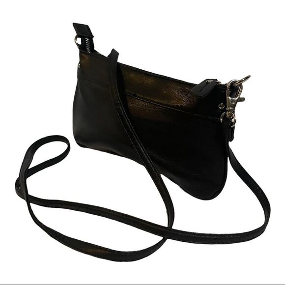 Steve Madden Crossbody Mini Wristlet Bag Silver Gold Black Faux Leather - Picture 2 of 8